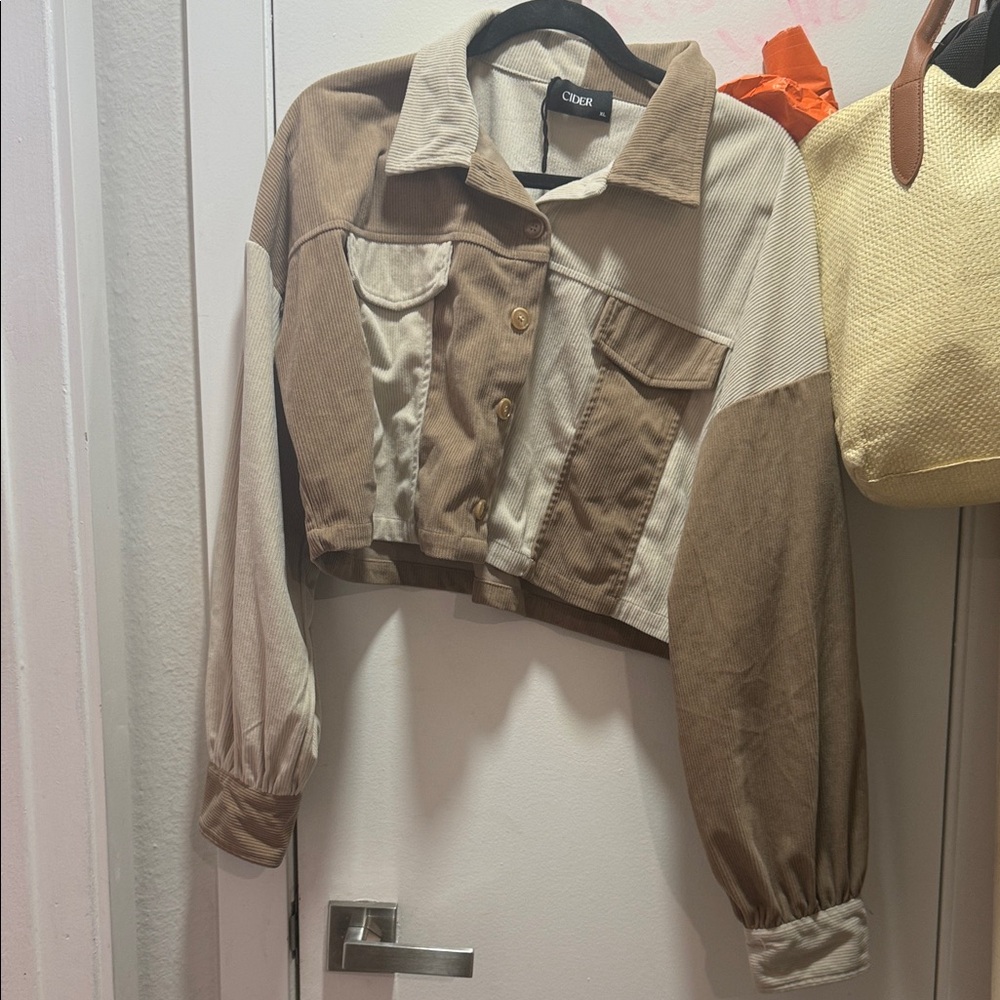 Cider Brown and Cream Color Block Jean Jacket